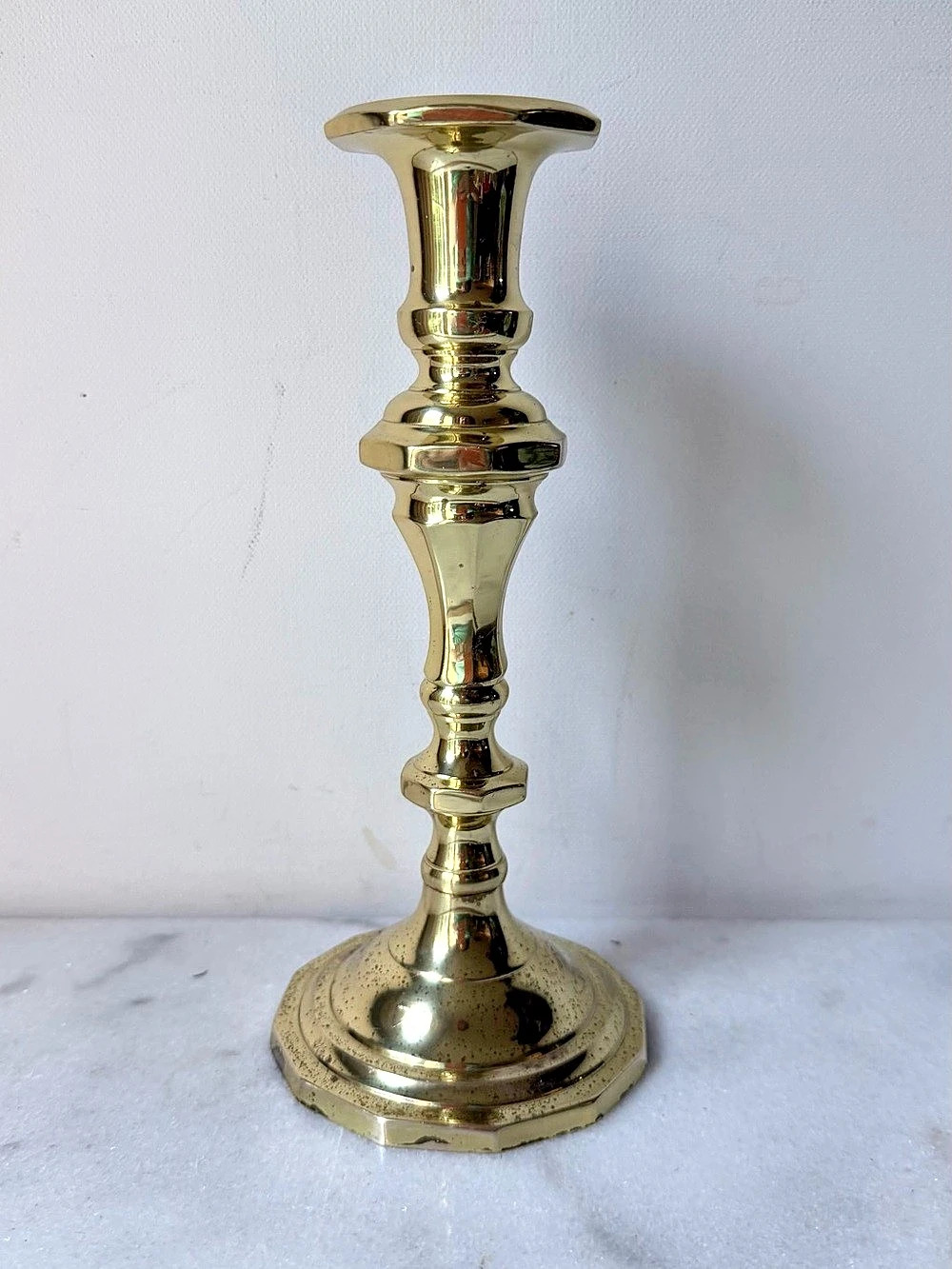 Vintage Solid Brass Candlestick Holder 8.25” | Classic Turned Stem Octagonal Bas